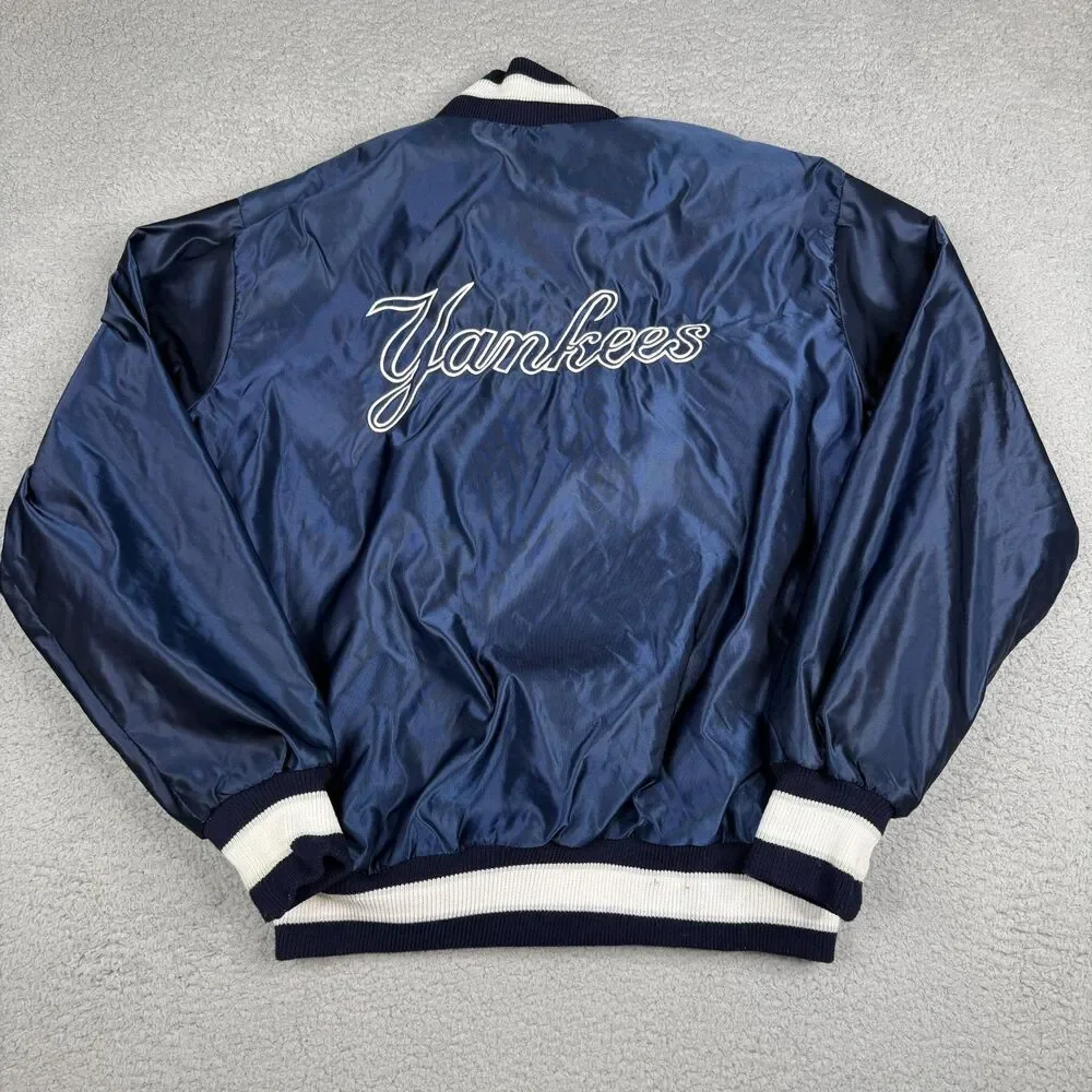 VTG New York Yankees Jacket Mens Large Navy Satin Snap‎ DeLONG USA MLB Baseball